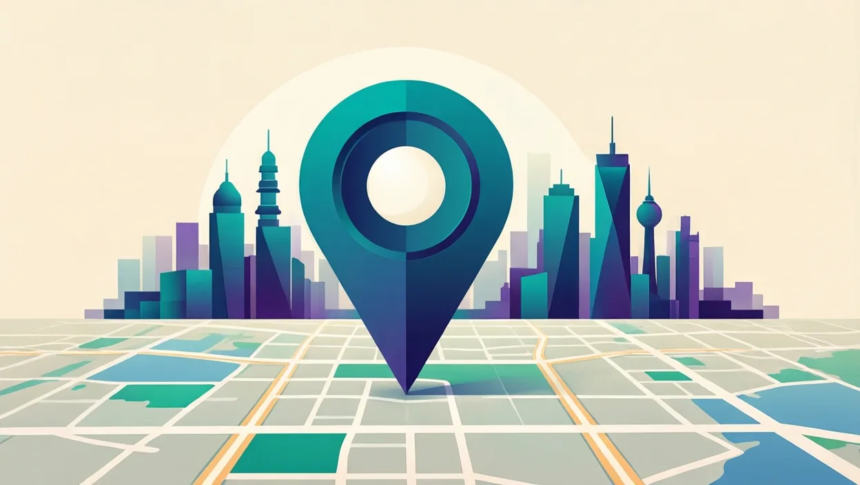 Editorial illustration of a stylised map pin over an abstract Indian city skyline grid, representing seo companies kolkata, in teal and violet on a cream background.