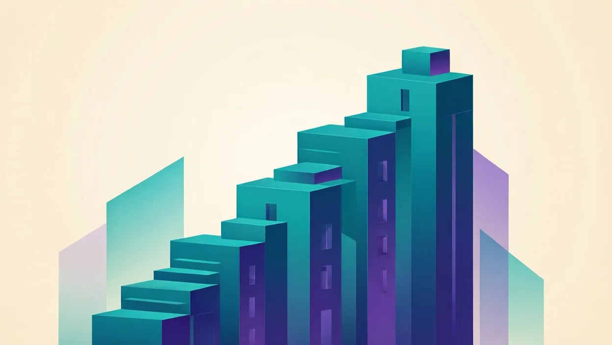 Editorial illustration of layered building blocks forming an upward ranking staircase, representing seo company mumbai, in teal and violet on a cream background.