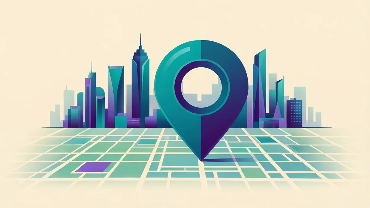 Editorial illustration of a stylised map pin over an abstract Indian city skyline grid, representing seo jobs in kolkata for freshers, in teal and violet on a cream background.
