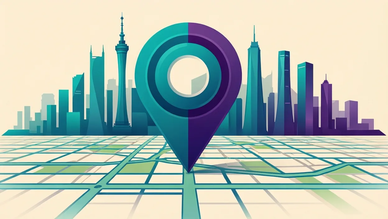 Editorial illustration of a stylised map pin over an abstract Indian city skyline grid, representing seo services provider in kolkata, in teal and violet on a cream background.
