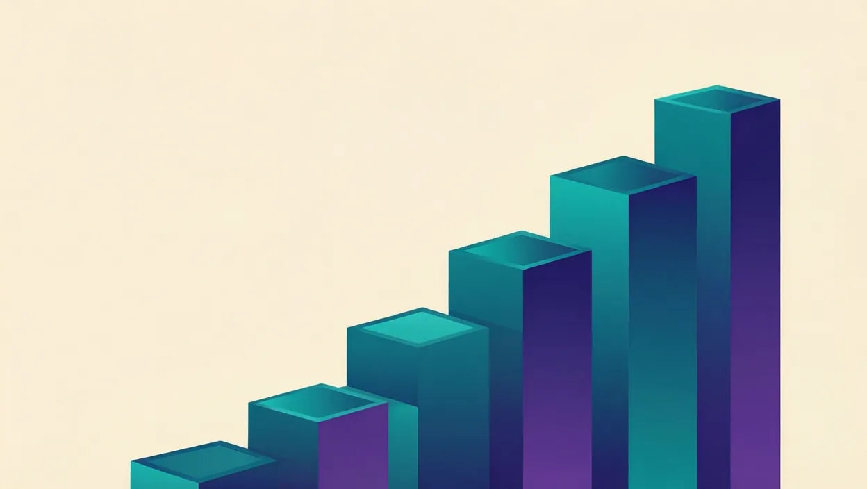 Editorial illustration of layered building blocks forming an upward ranking staircase, representing seo services, in teal and violet on a cream background.