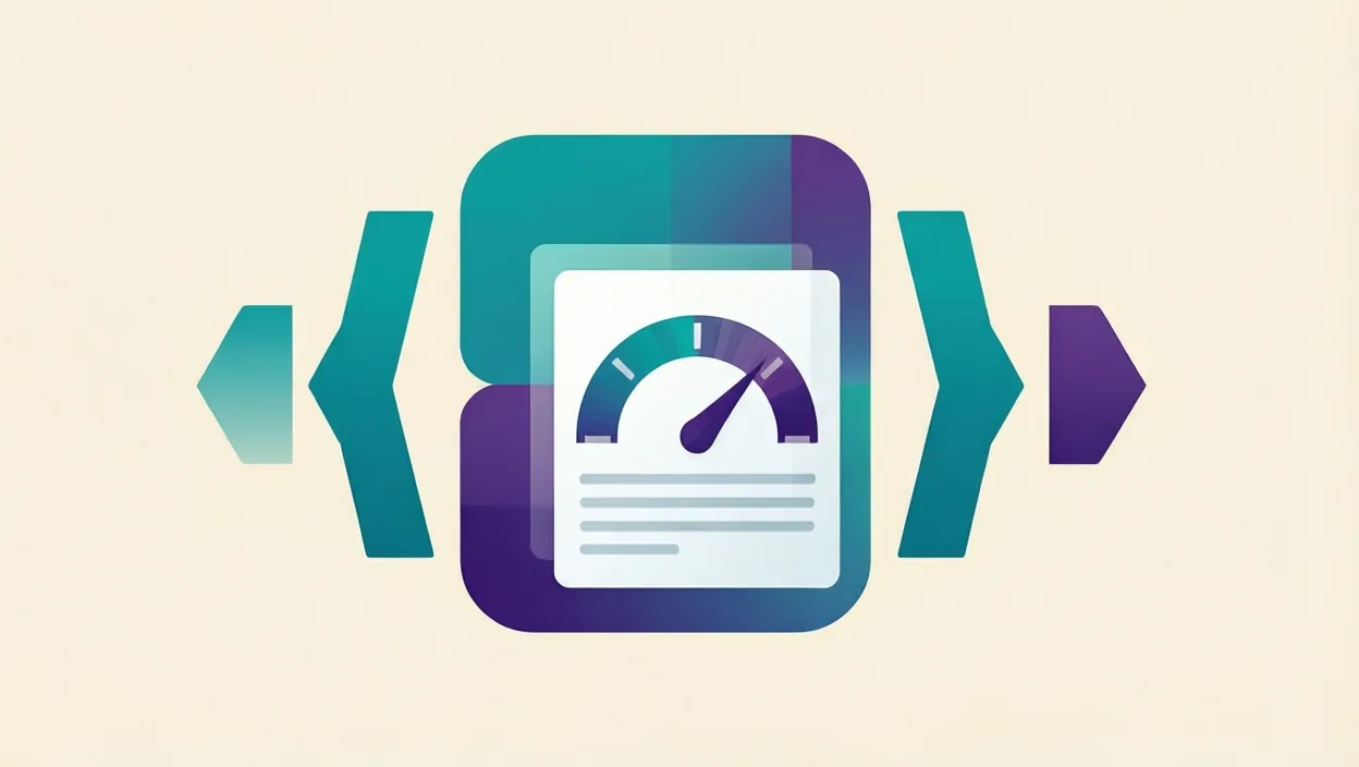 Editorial illustration of clean schema/code brackets and a page-speed gauge motif, representing technical seo audit tool, in teal and violet on a cream background.