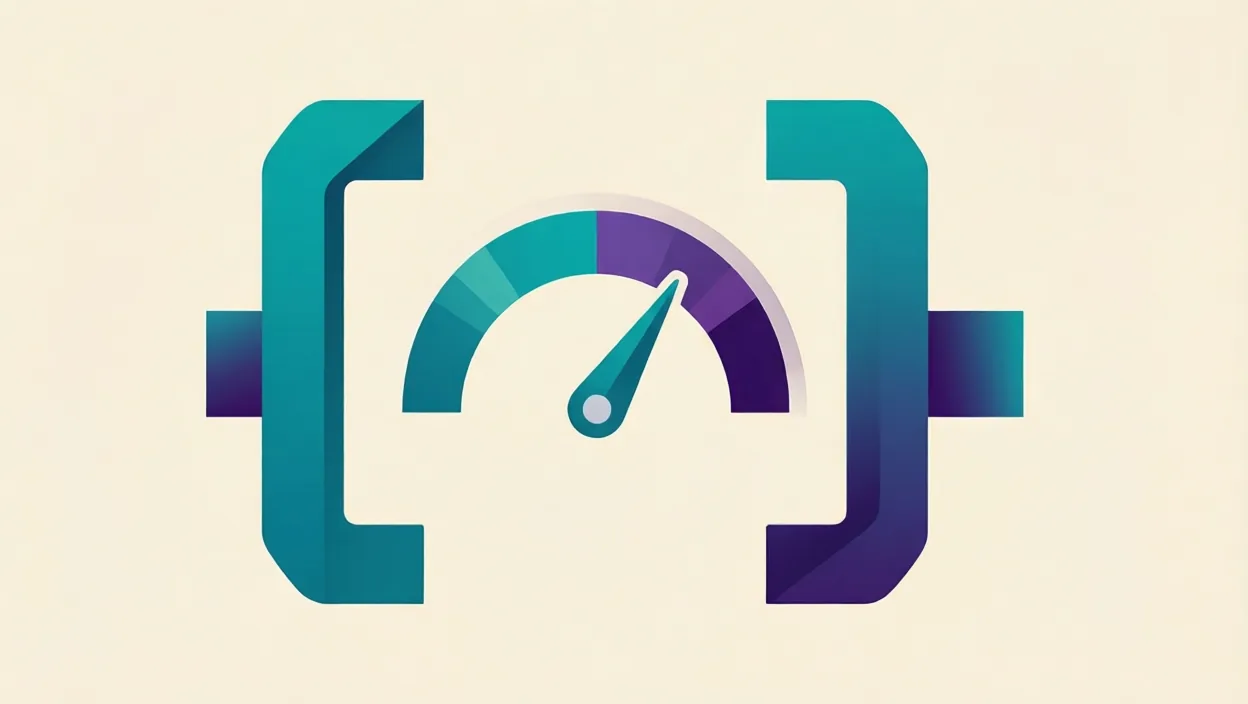 Editorial illustration of clean schema/code brackets and a page-speed gauge motif, representing technical seo, in teal and violet on a cream background.