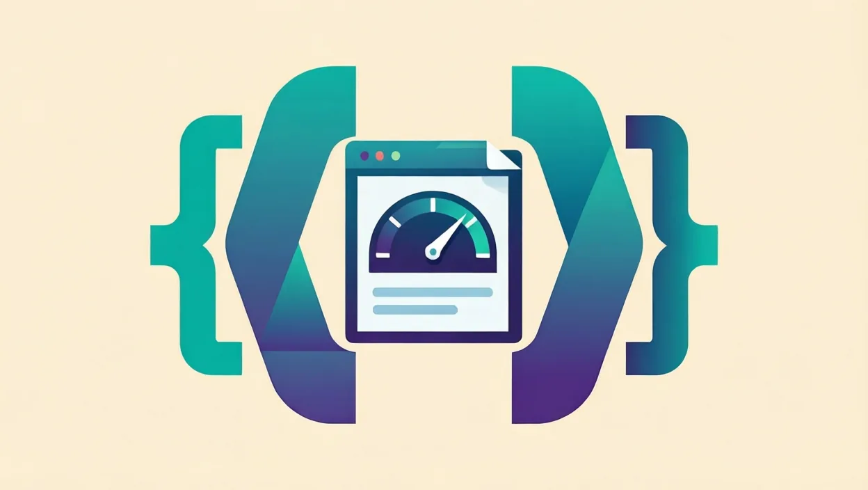 Editorial illustration of clean schema/code brackets and a page-speed gauge motif, representing types of on page seo, in teal and violet on a cream background.
