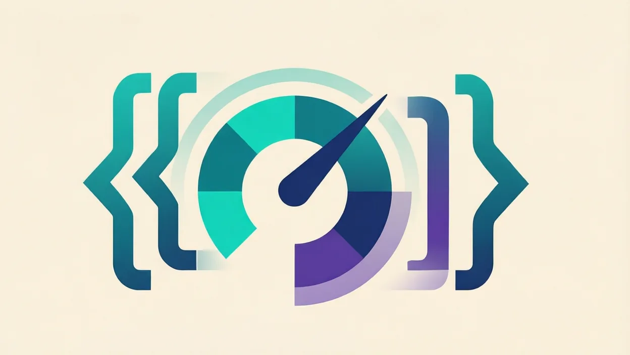 Editorial illustration of clean schema/code brackets and a page-speed gauge motif, representing what are core web vitals in seo, in teal and violet on a cream background.