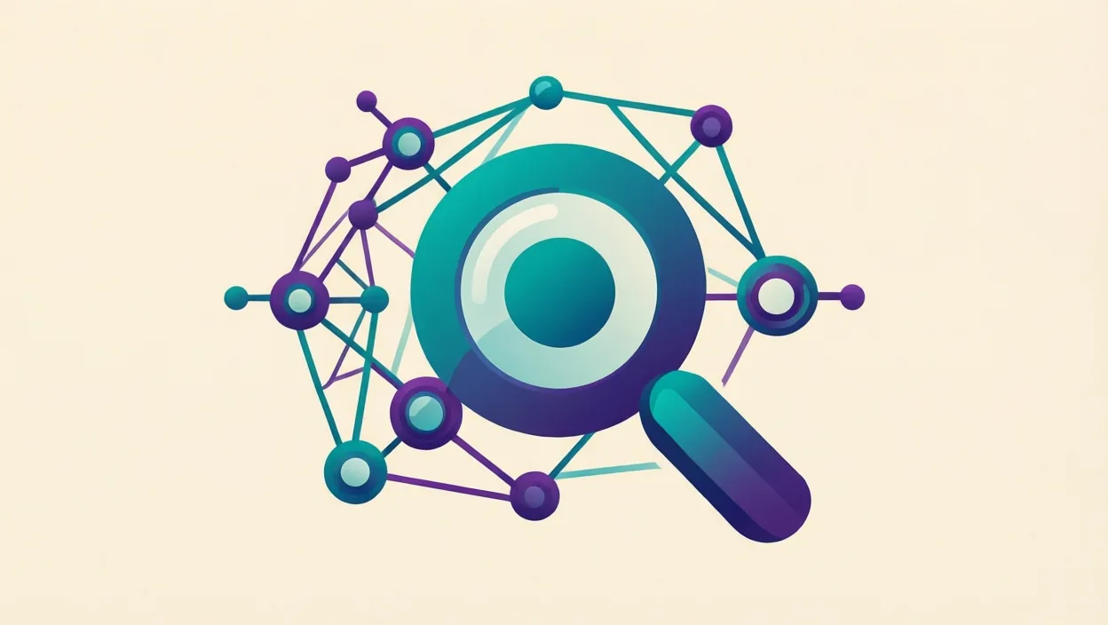 Editorial illustration of interlocking neural-network nodes and a search/answer glyph, representing what is aeo in digital marketing, in teal and violet on a cream background.