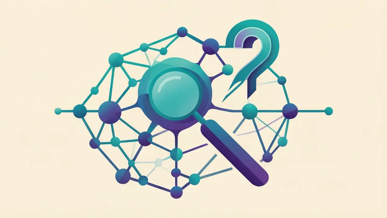 Editorial illustration of interlocking neural-network nodes and a search/answer glyph, representing what is aeo seo, in teal and violet on a cream background.