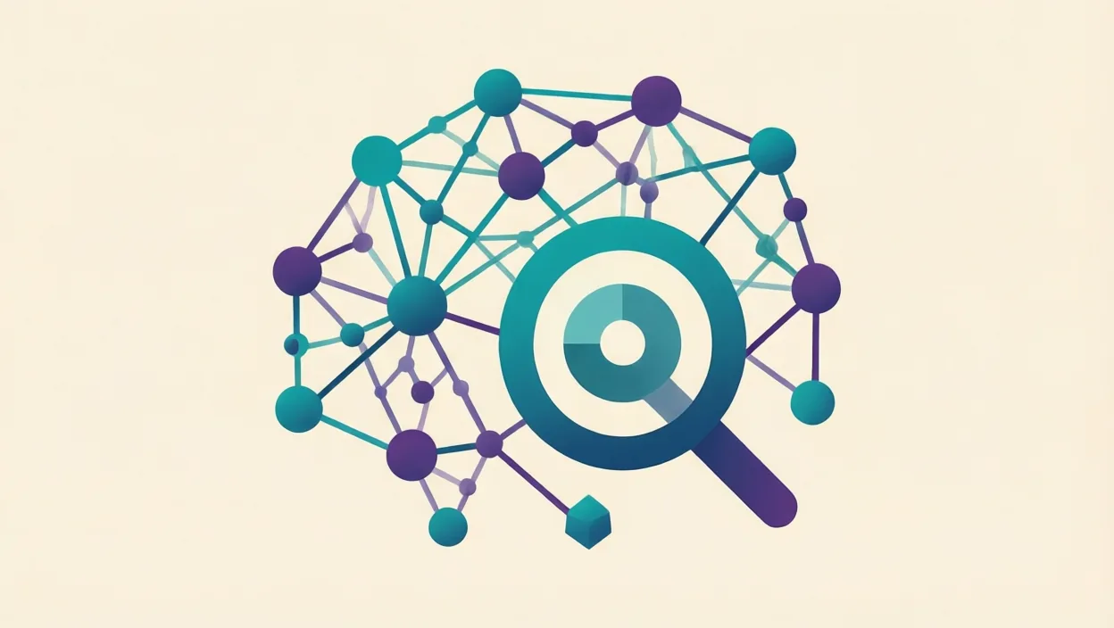 Editorial illustration of interlocking neural-network nodes and a search/answer glyph, representing what is answer engine optimization, in teal and violet on a cream background.