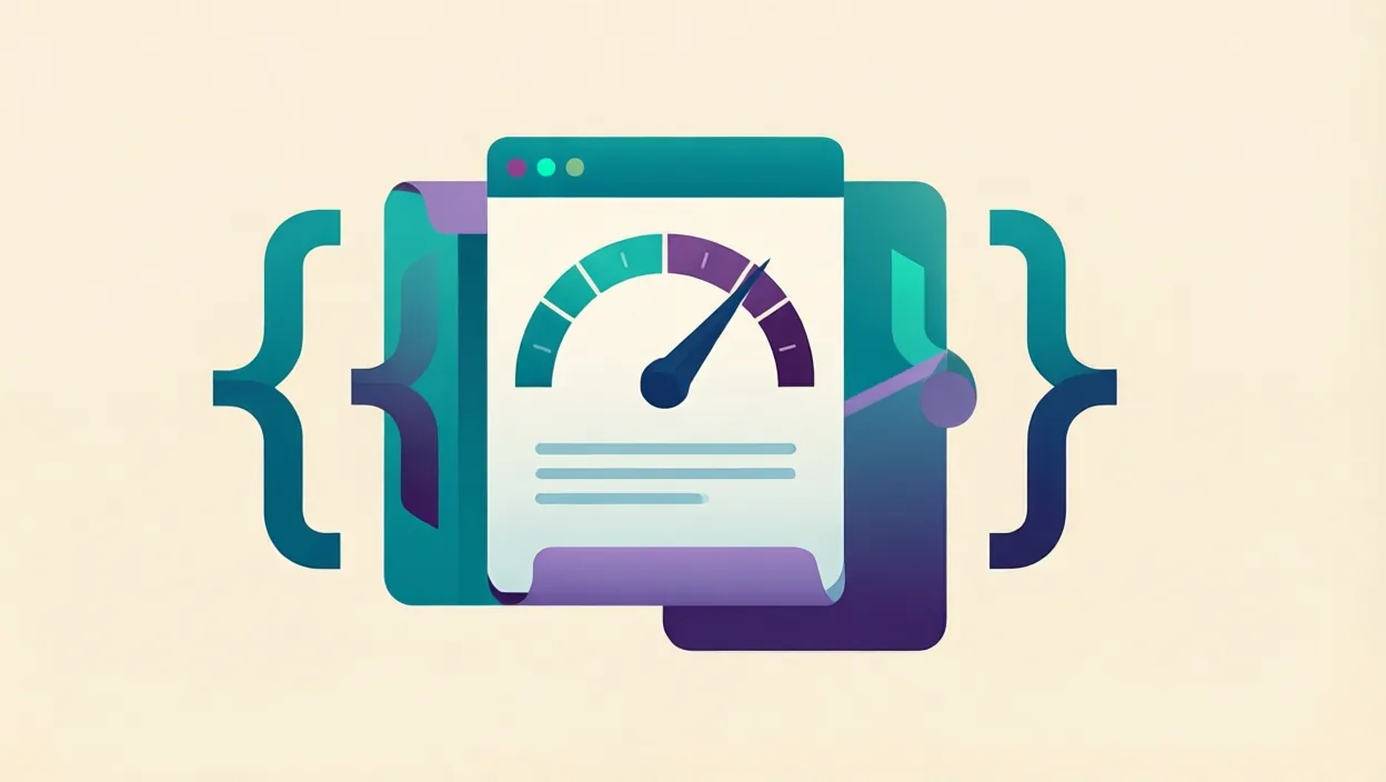 Editorial illustration of clean schema/code brackets and a page-speed gauge motif, representing what is on page seo optimization, in teal and violet on a cream background.