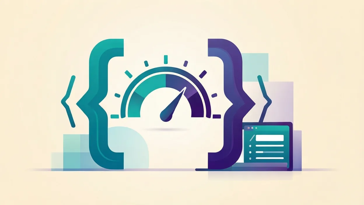 Editorial illustration of clean schema/code brackets and a page-speed gauge motif, representing what is technical seo in digital marketing, in teal and violet on a cream background.