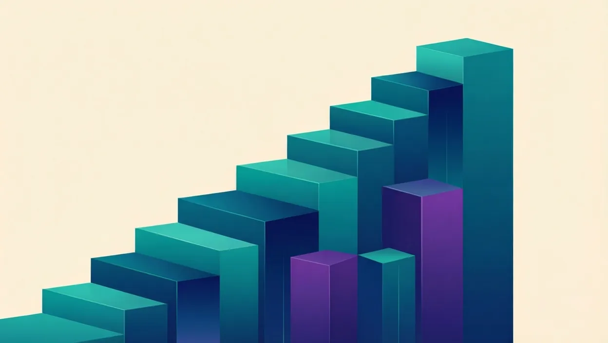 Editorial illustration of layered building blocks forming an upward ranking staircase, representing what is the content marketing, in teal and violet on a cream background.