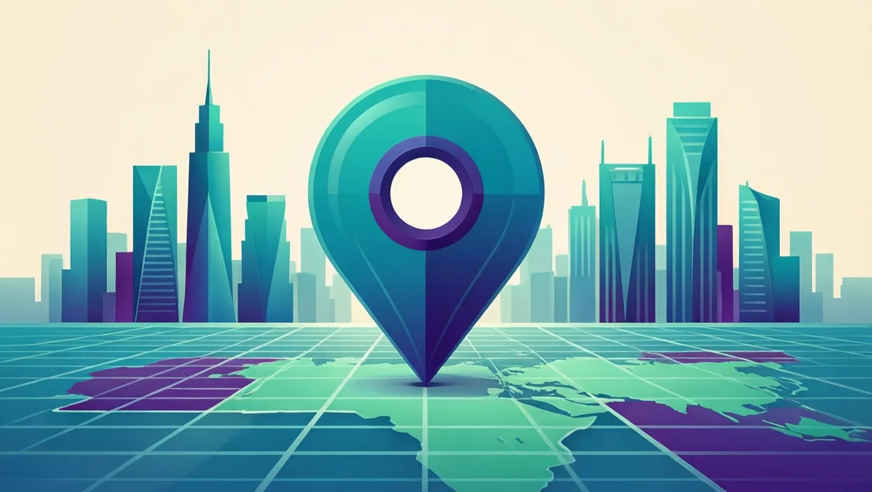 Editorial illustration of a stylised map pin over an abstract Indian city skyline grid, representing white label seo agency in india, in teal and violet on a cream background.