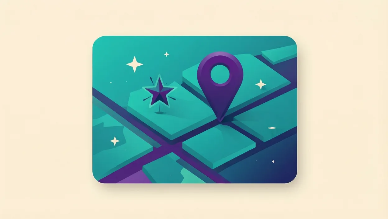 Editorial illustration of an abstract map-pack card with a location marker and star motif, representing why my google business profile is not showing, in teal and violet on a cream background.